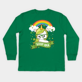 Kawaii Good Luck Rainbow St Patricks Day Unicorn Kids Long Sleeve T-Shirt